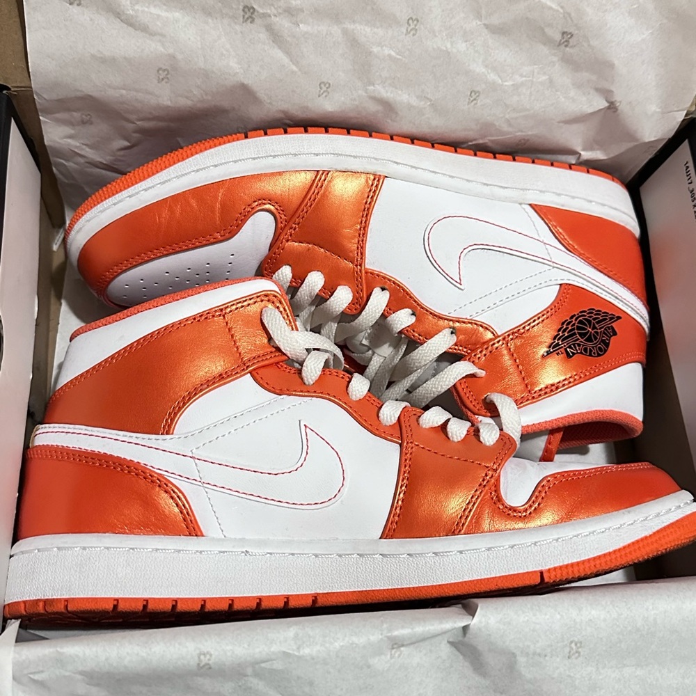 Nike Air Jordan 1 Mid Electro Orange and White Sneakers